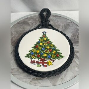 Christmas by Carlton Ceramic Tile Trivet Cast Iron Frame 1984 USA w Box
